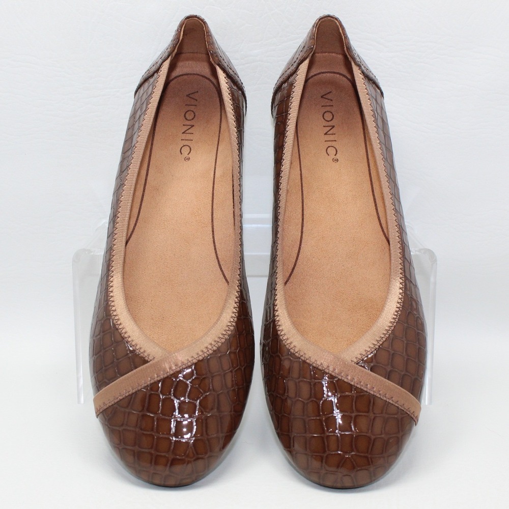 NWOB Vionic Caroll Brown Croc Patent Leather Ballet Flats Womens 8.5 Orthotic